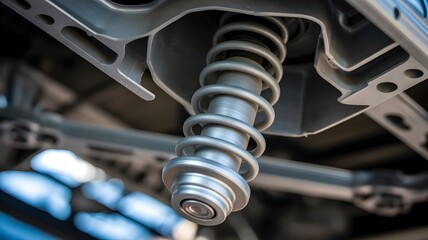 Automotive Suspension System Detail of Car Shock Absorber and Chassis Components Closeup View