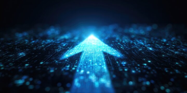 A glowing blue arrow pointing upward through a dark, digital matrix