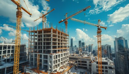 Fototapeta premium a sprawling construction site features multiple orange cranes building a large concrete and steel structure against a backdrop of a developing city skyline under a bright blue, cloudy sky.
