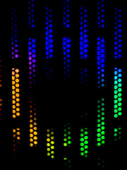 A moody abstract image featuring a dark grid of vertical dot bars illuminated from behind with a...