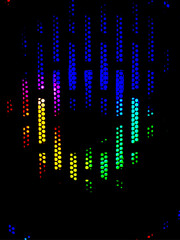 A moody abstract image featuring a dark grid of vertical dot bars illuminated from behind with a...