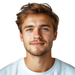 Obraz premium Front view close up of an extremely beautiful young man from Lithuania in a white t-shirt smiling isolated on a white transparent background.