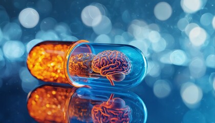 a vibrant digital rendering depicts two capsules containing detailed human brains against a blurred, luminous blue backdrop, symbolizing neurological research or mental health solutions.