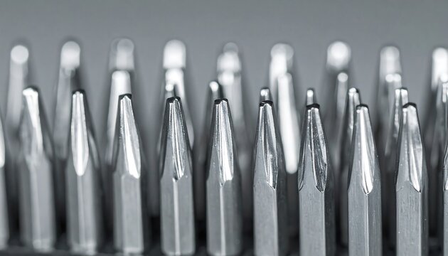Close-up of numerous metallic, pointed tools arranged in rows, showcasing their reflective surfaces and sharp tips