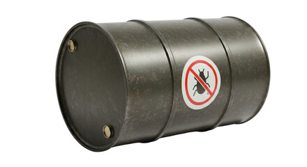 Isolated Rusted Green Industrial Barrel with Pesticide Warning Sign