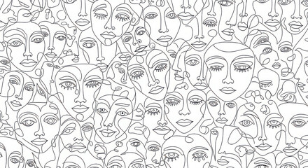 A densely packed intricate line drawing of numerous stylized faces each with unique expressions and features creating a captivating and overwhelming visual mosaic