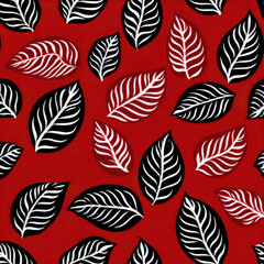 Bold graphic leaf pattern featuring black and white leaves on vibrant red background, perfect for outdoor furniture textile applications. This design adds lively touch to any space