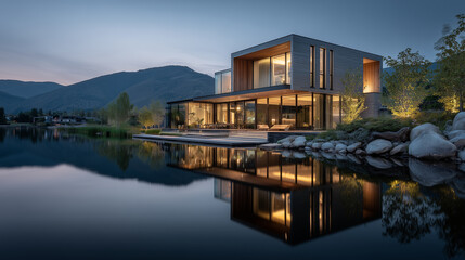 Obraz premium Modern House Architecture Reflected in Lake at Dusk with Mountain Backdrop