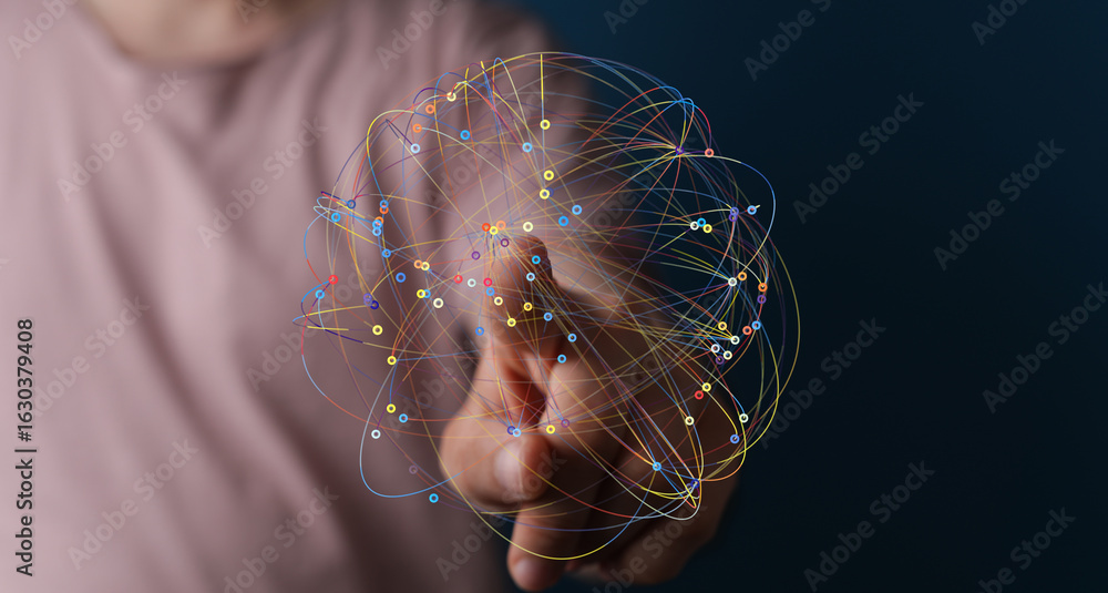 Poster abstract image of a hand interacting with a digital network. perfect for tech, ai, or connectivity c