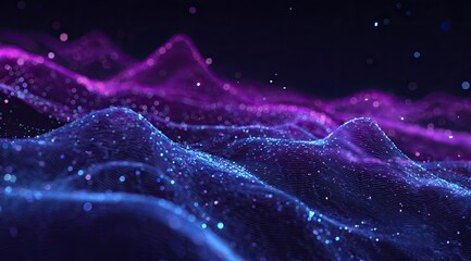 Abstract digital landscape of swirling, textured, purple and blue particles