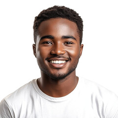 Obraz premium Front view close up of an extremely beautiful young man from South Africa in a white t-shirt smiling isolated on a white transparent background
