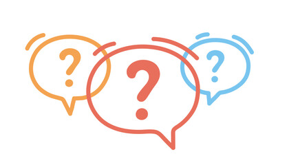 Three line colorful speech bubble icons with question marks. Concept of asking frequent questions or communication. FAQ and solution. Vector flat illustration