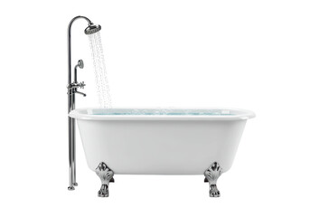 Isolated White Bathtub with Running Shower and Bubbles