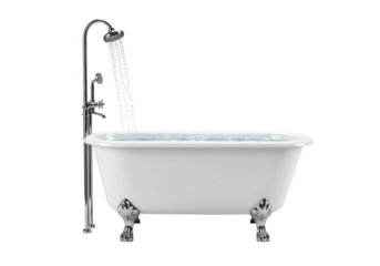 Isolated White Bathtub with Running Shower and Bubbles