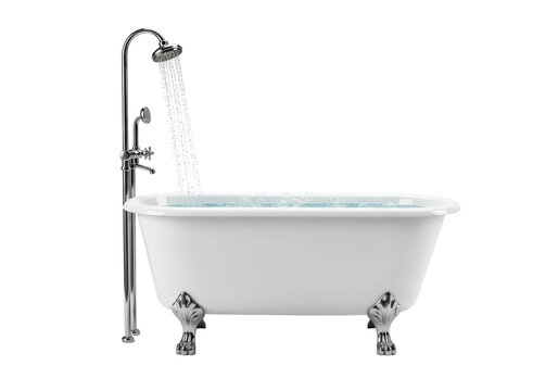 Isolated White Bathtub with Running Shower and Bubbles