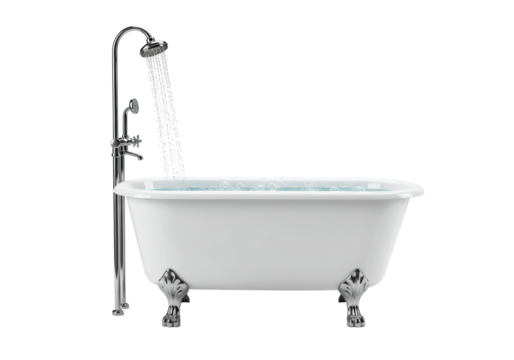 Isolated White Bathtub with Running Shower and Bubbles