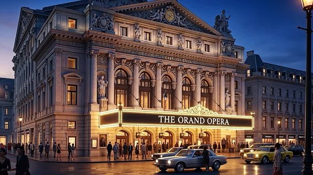 Evening Scene at The Grand Opera House with People and Vintage Cars