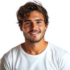 Obraz premium Front view close up of an extremely beautiful young man from Turkey in a white t-shirt smiling isolated on a white transparent background