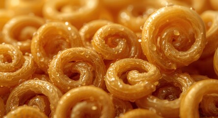 Macro Detail of Golden Spiral Pasta Adorned with Sparkling Water Droplets Capturing Intricate Texture and Freshness