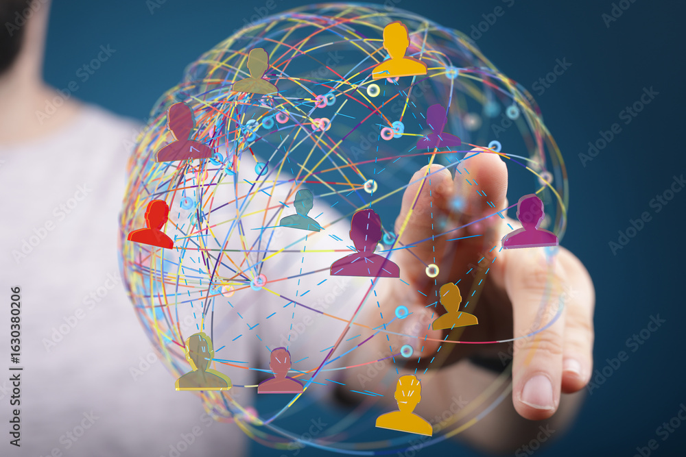 Poster image of a hand interacting with a global network of interconnected people. represents networking, c