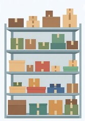 Shelving unit stacked with colorful cardboard boxes in a simple vector illustration style