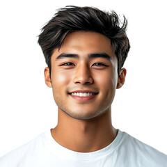 Fototapeta premium Front view close up of an extremely beautiful young man from Vietnam in a white t-shirt smiling isolated on a white transparent background