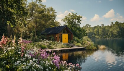 a secluded wooden cabin sits nestled among lush wildflowers and serene waters, creating a peaceful retreat in a verdant forest.