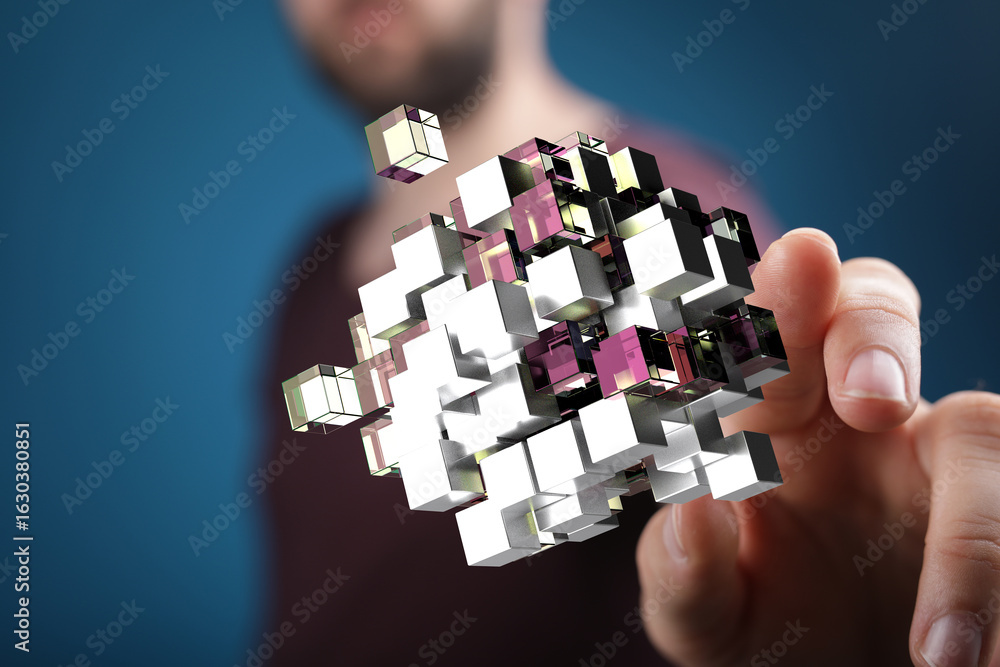 Poster abstract image depicting a network of interconnected cubes, symbolizing data, technology, and connec