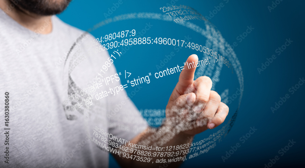 Poster person touching a holographic sphere filled with digital data and code.