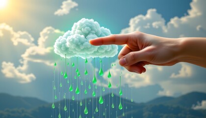 a soft hand pointing to a holographic cloud raining green drops.