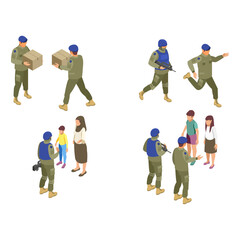 Isometric peacekeeper soldiers on mission vector illustration set