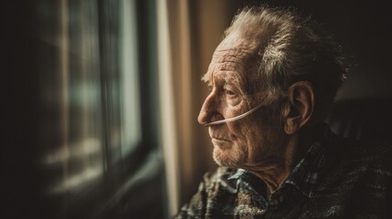 Elderly man sitting near a window with oxygen tube, looking outside at sunlight, concept: COPD, lung disease, 16:9