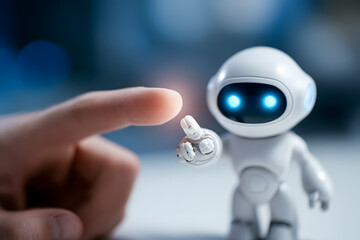 Fototapeta premium Human finger extends to a small futuristic robot, symbolizing the profound connection between artificial intelligence and human interaction
