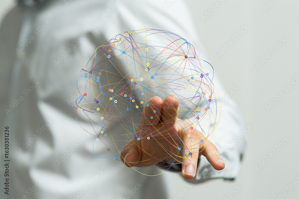 Poster abstract image depicting a hand interacting with a digital global network. ideal for technology, con