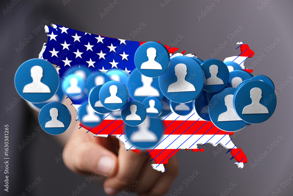 Poster digital illustration of a us map with numerous profile icons symbolizing network connections.