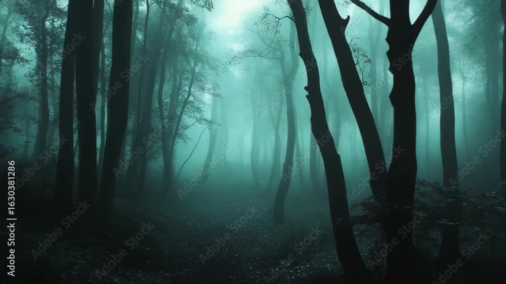 Poster wandering through an enchanting forest enveloped in mist, the silhouettes of tall trees create a mys