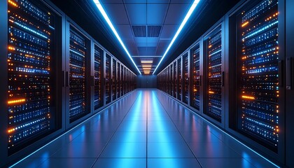 Futuristic data center hallway with server racks illuminated by neon lights represents technology