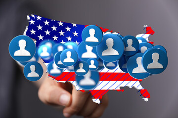 Digital illustration of a US map with numerous profile icons symbolizing network connections.