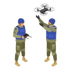 Isometric vector illustration of soldiers operating a military drone.