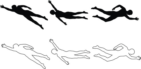 Silhouettes and outlines of a person swimming or flying
