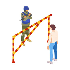 Obraz premium Armed soldier at a security checkpoint barrier vector illustration.