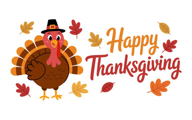 Fototapeta premium Festive turkey and autumn leaves with happy thanksgiving text vector