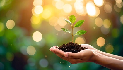Hands holding a young plant with soil against a blurred bokeh background