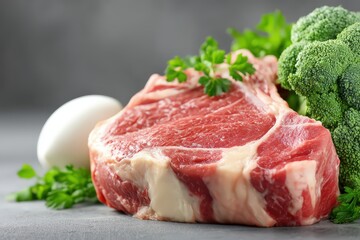 Fototapeta premium Freshly Sourced Beef Chop Surrounded by Organic Broccoli and Egg Presenting a Culinary Aesthetic Rich in Nutritional Value and Culinary Potential captured with clarity