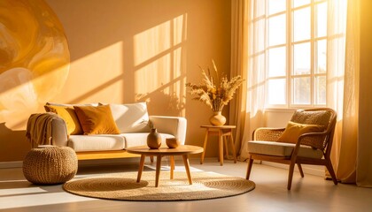 a modern interior with minimalistic yellow furniture and morning sunlight lighting