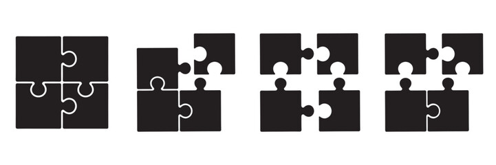 Monochrome Jigsaw Puzzle Icon Set – Connected Black Puzzle Pieces Vector Illustration on White Background