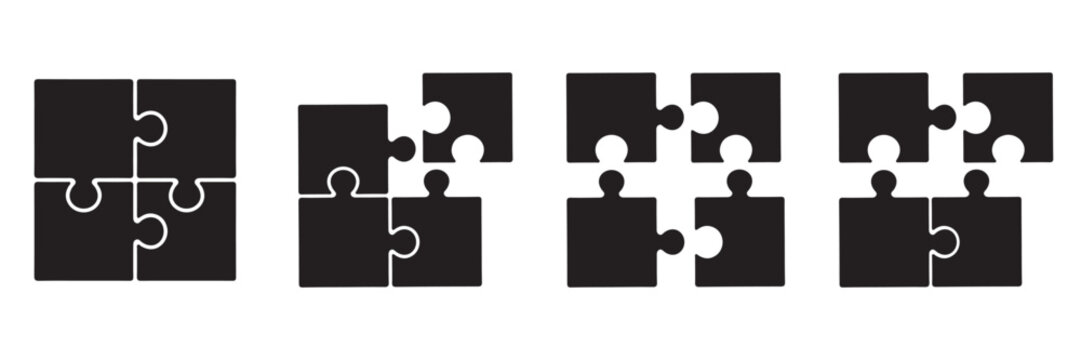 Monochrome Jigsaw Puzzle Icon Set – Connected Black Puzzle Pieces Vector Illustration on White Background