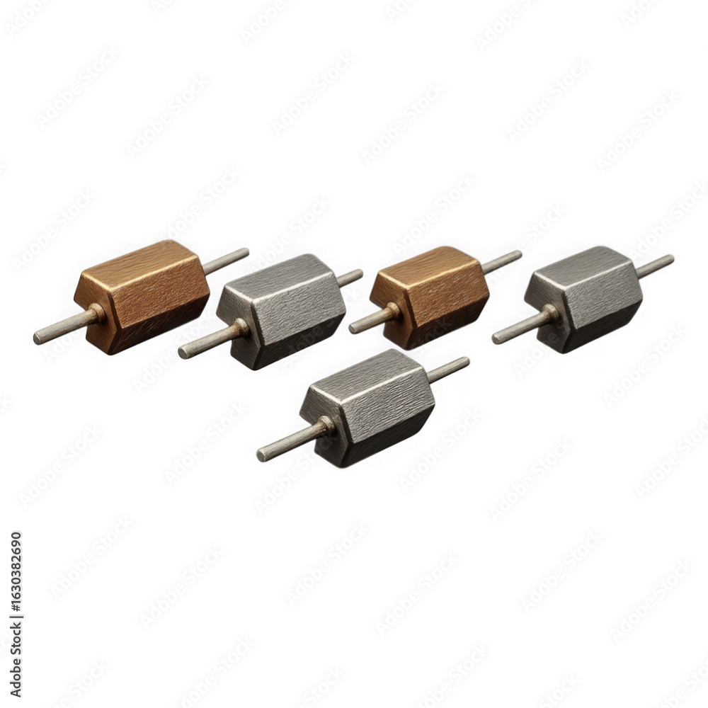 Poster 3d icon group of five small hexagonal metal components with protruding rods isolated on transparent 