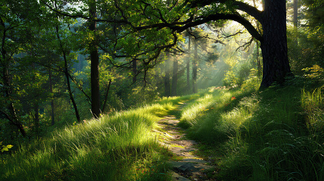 Sunlit Forest Path: Green Grass and Sunlight Beams