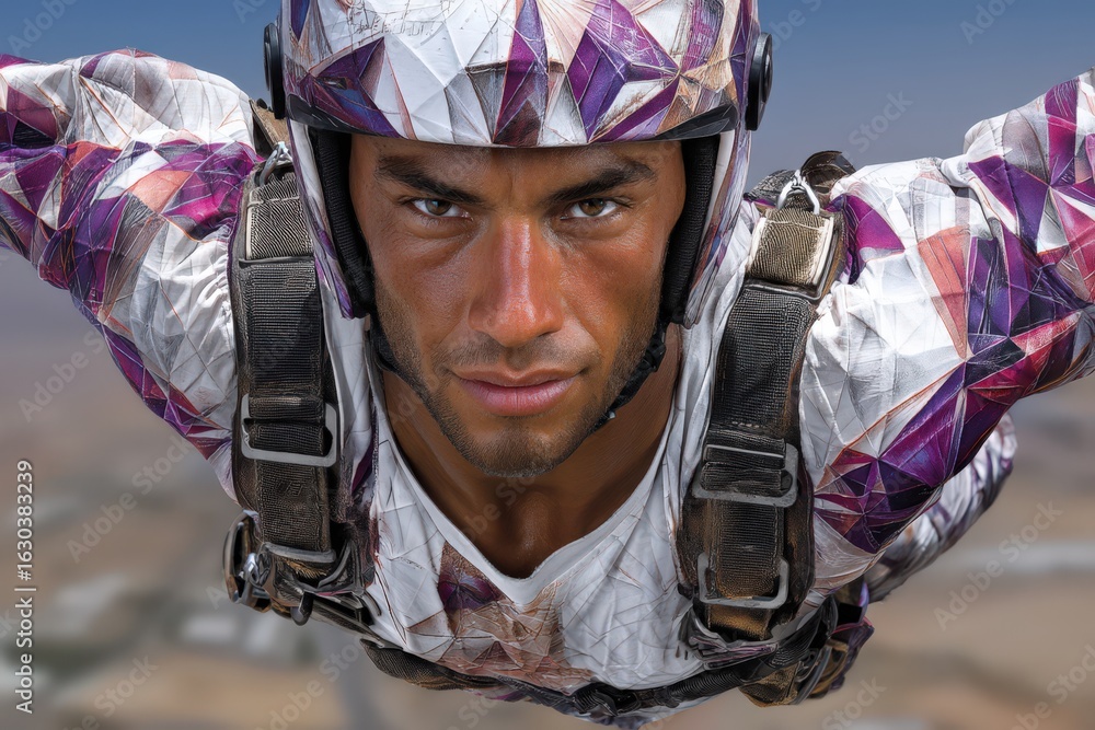 Poster daring skydiver in an artistic high-altitude descent showcasing unique patterned jumpsuit and intens